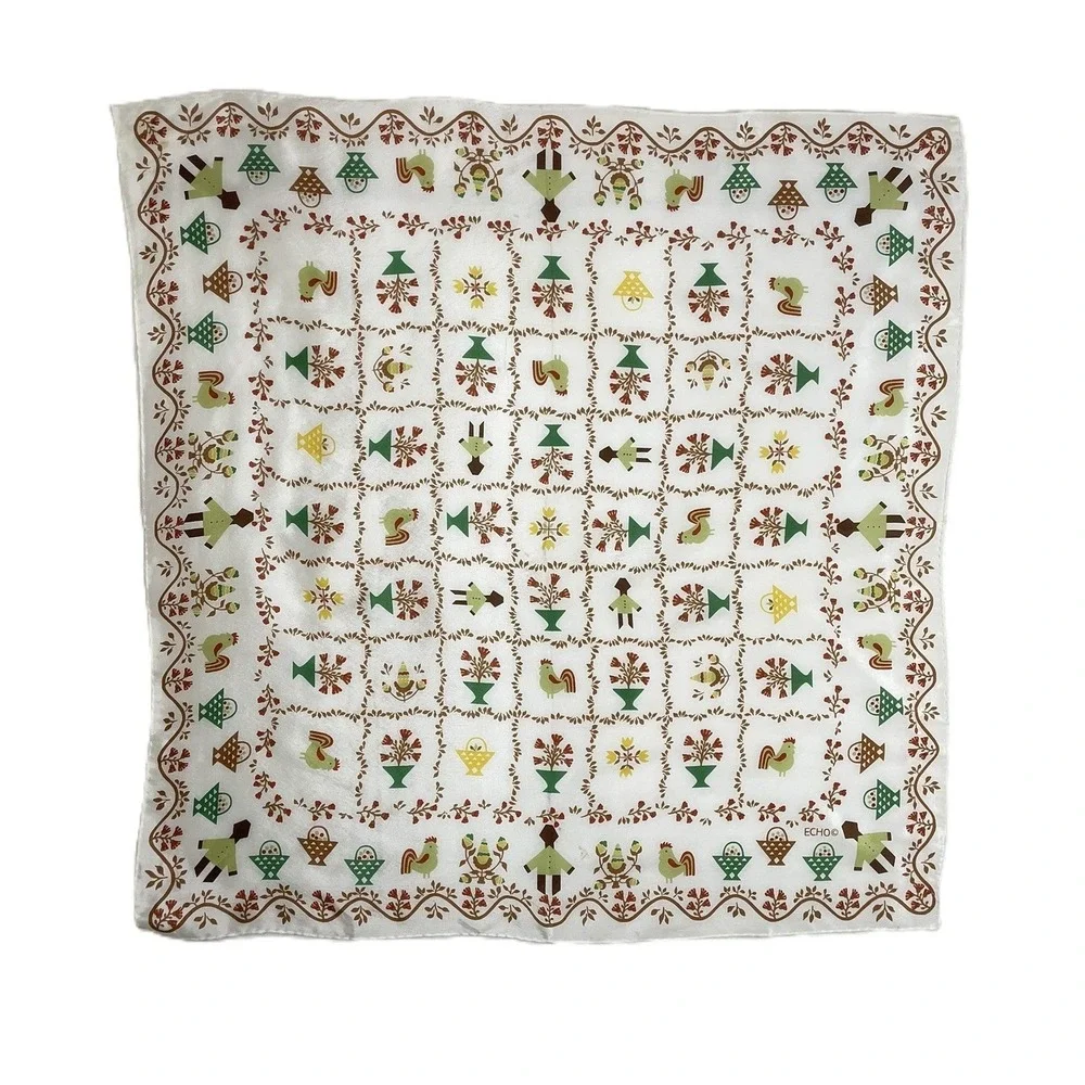 Echo Folk Art Rooster Basket Floral Silk Scarf Cottagecore Prairie 21